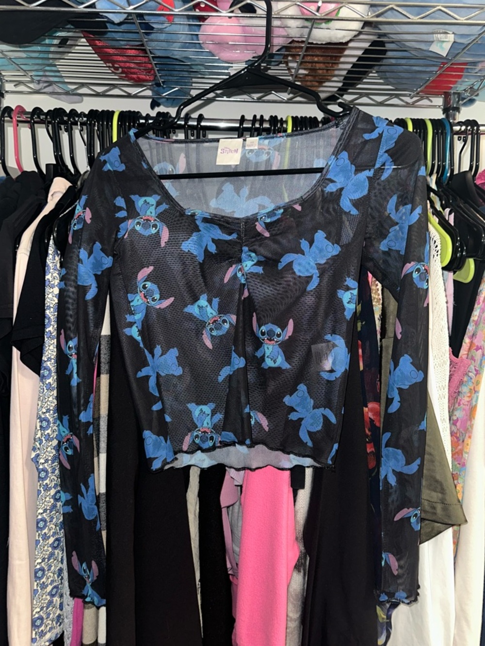 Disney Black Mesh Long-Sleeve Crop Top with Blue Character Print